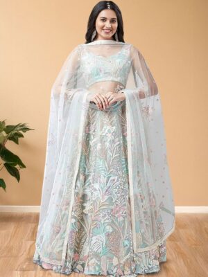 Home ethnic plus embroidered sequinned semi stitched net lehenga & blouse with dupatta