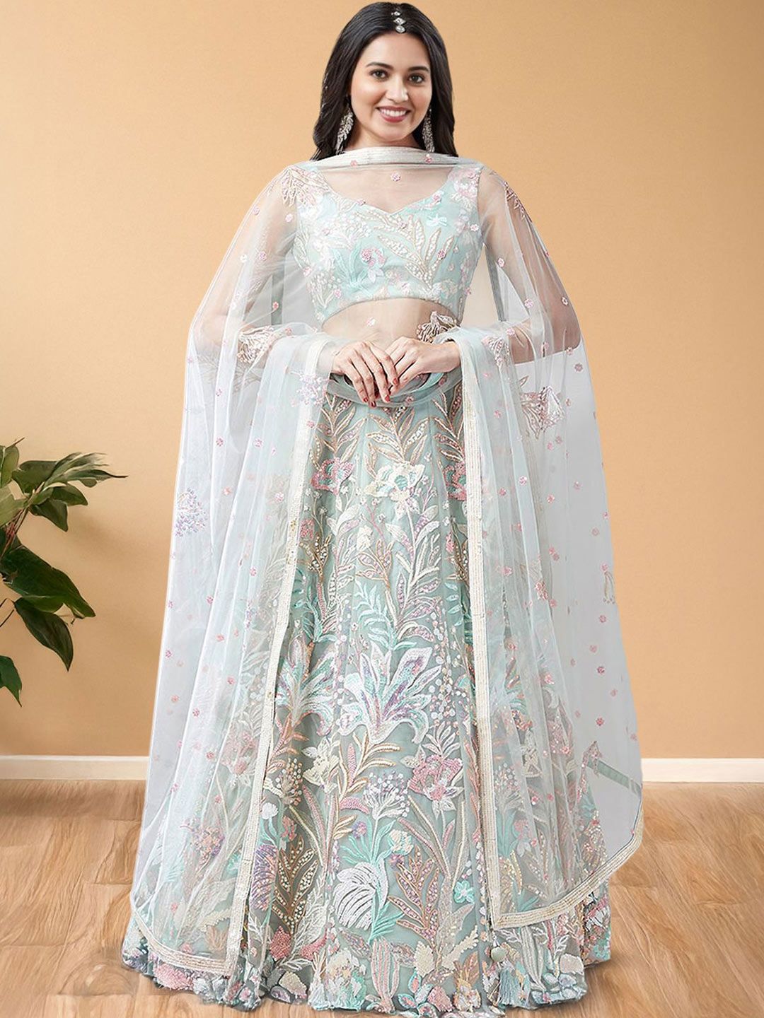 ethnic plus embroidered sequinned semi stitched net lehenga & blouse with dupatta ethnic plus embroidered sequinned semi stitched net lehenga & blouse with dupatta