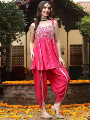 women ethnic motif embroidered sequinned a line kurti with dhoti pants