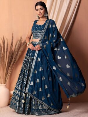 Home ethnic plus embroidered sequinned semi stitched georgette lehenga & blouse with dupatta