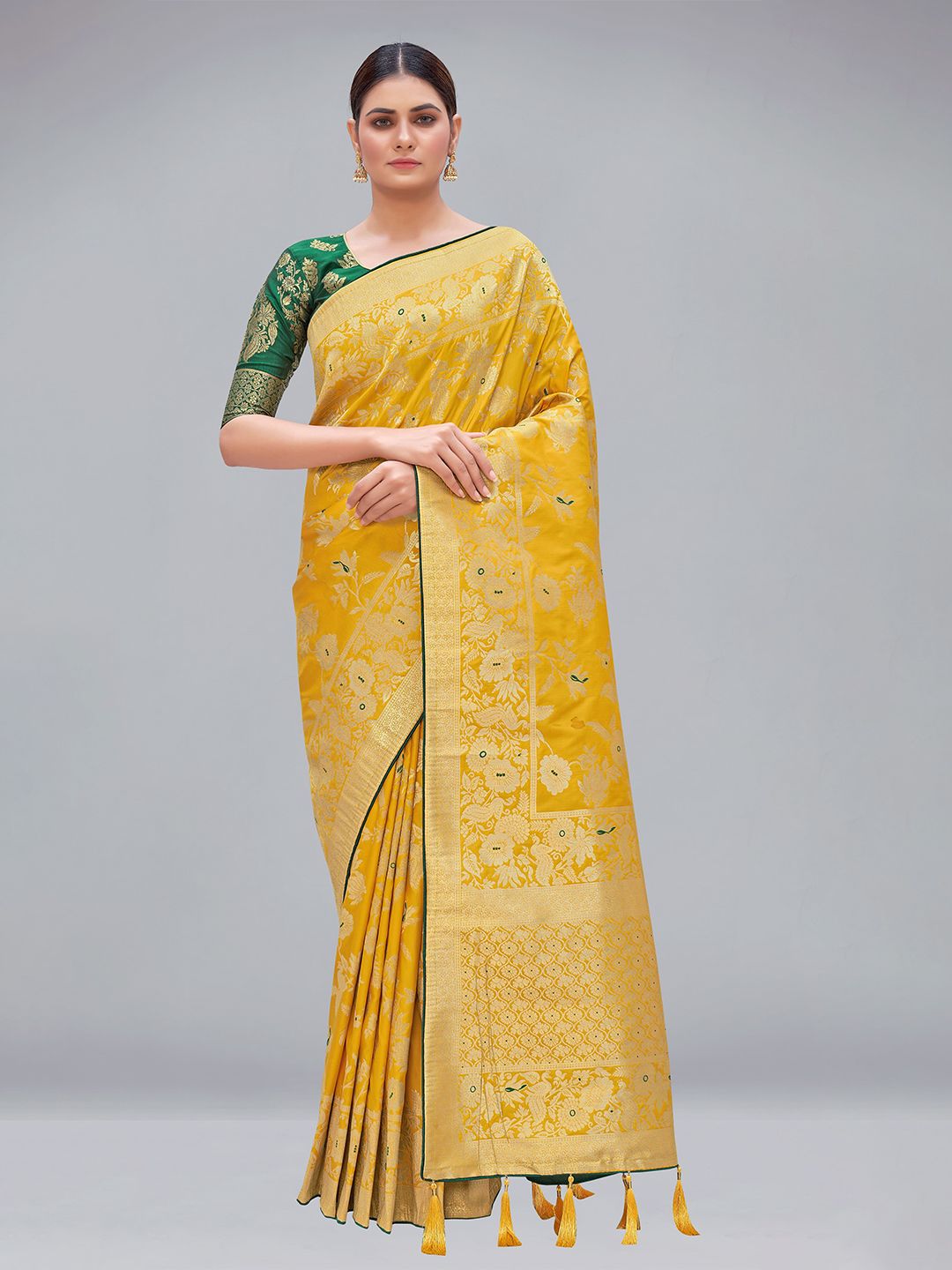 monjolika fashion yellow & gold toned woven design banarasi saree monjolika fashion yellow & gold toned woven design banarasi saree