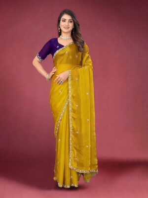 Home kandora embellished beads and stones pure chiffon heavy work saree