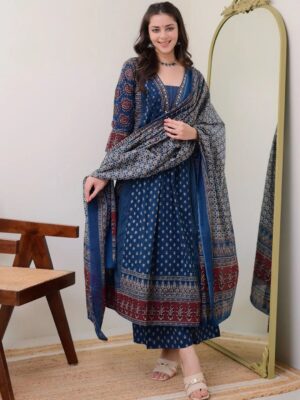 Home kalini floral printed v neck anarkali kurta with trousers & dupatta